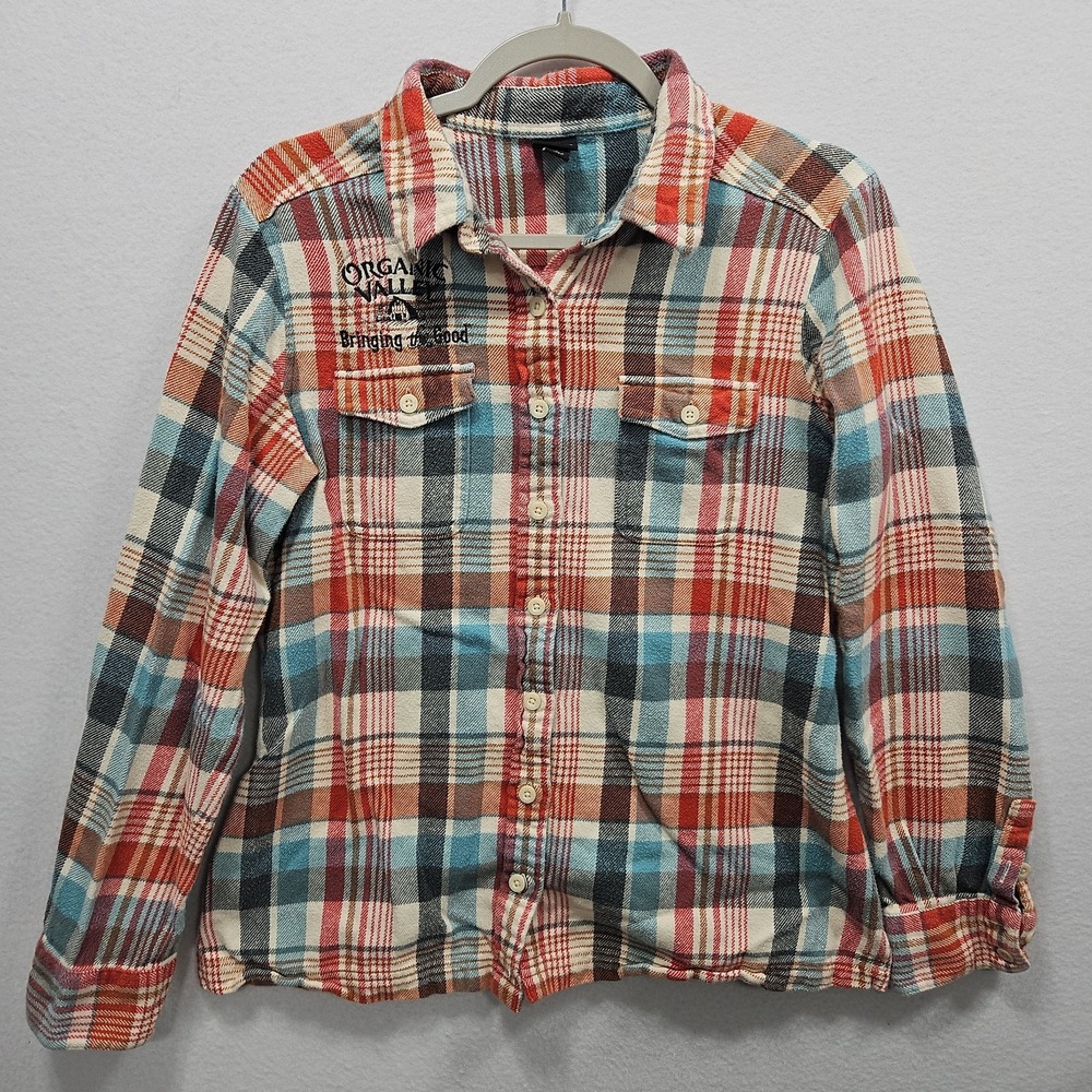 Patagonia Fjord Flannel Shirt Womens 8 Bay Laurel Orange Plaid Organic Valley